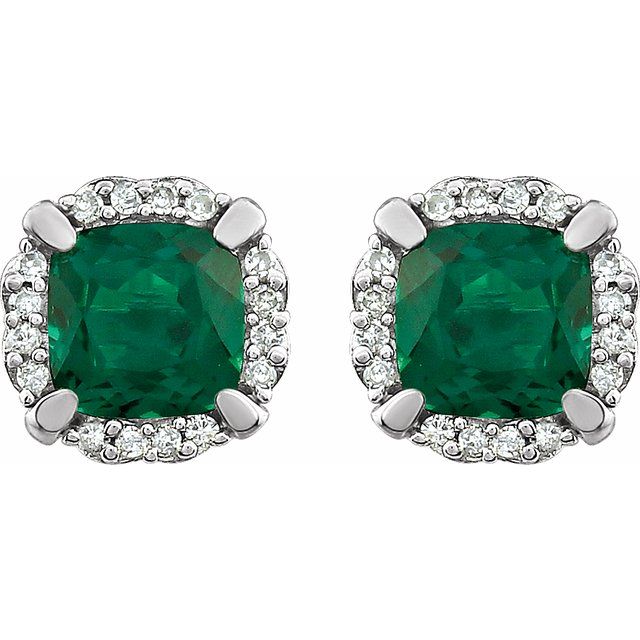14k-white-lab-grown-emerald-&-1/10-ctw-natural-diamond-earrings