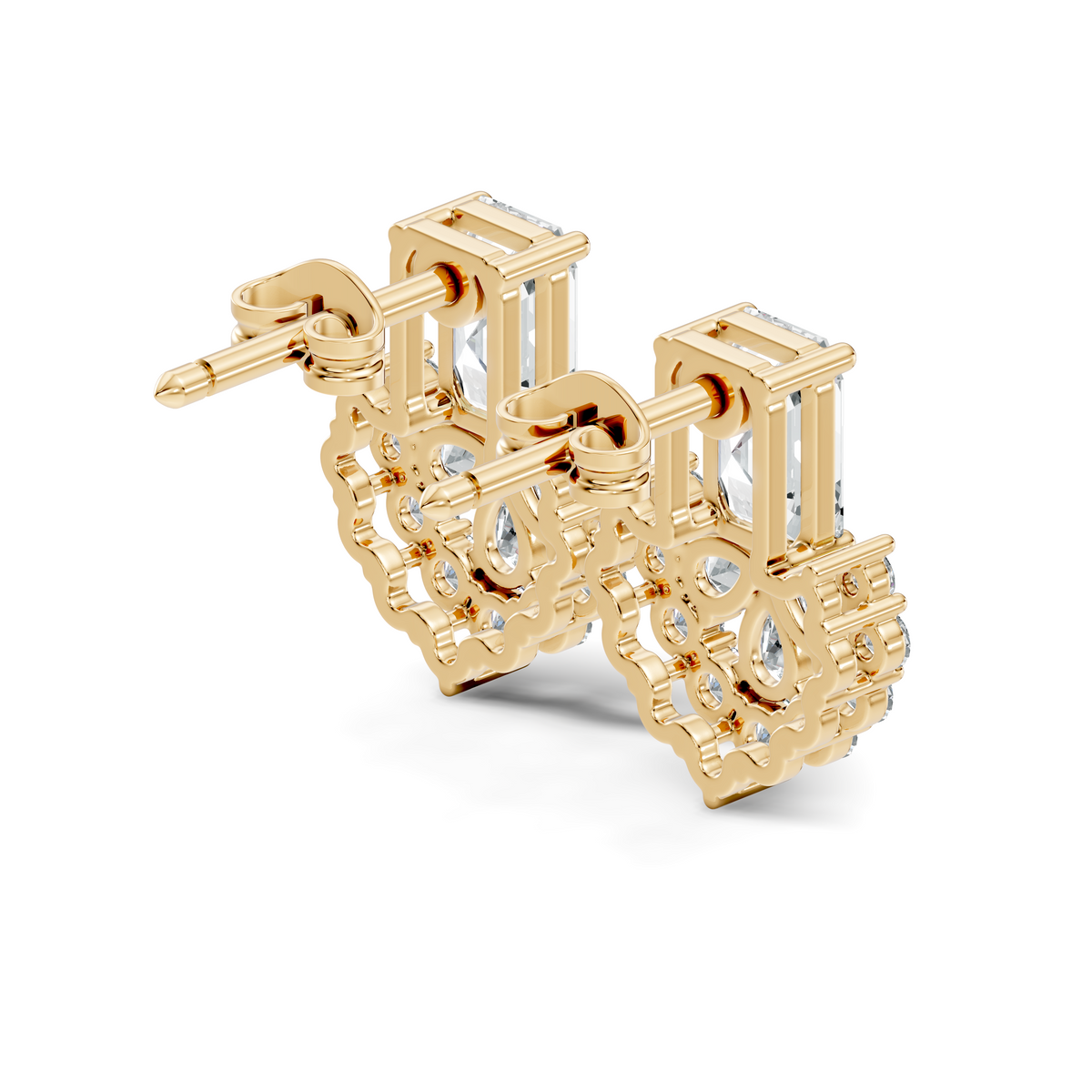 Emerald Cut & Cluster Diamond Stud Earrings In 18K White Gold Luxury Statement Design - HIGHCARAT DIAMONDS