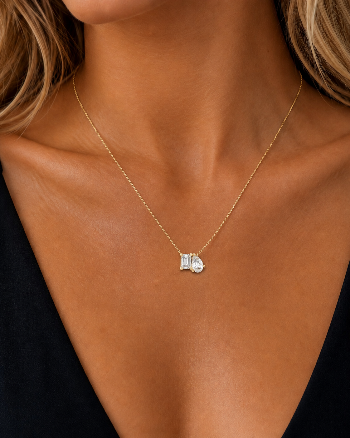Emerald & Pear Two Stone Solitaire Lab-Grown Diamond Pendant - HIGHCARAT DIAMONDS