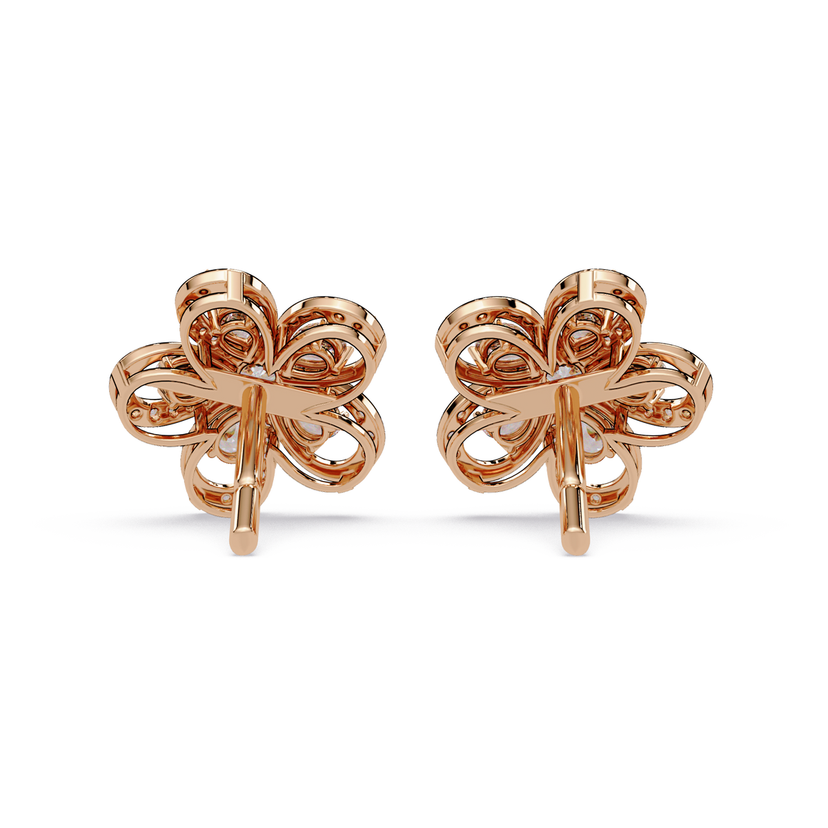 Close up of floral loop stud earrings with pear cut lab grown diamonds