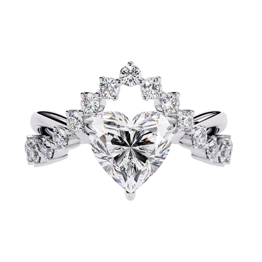 Front view of heart cut diamond ring with round accent stones in white gold