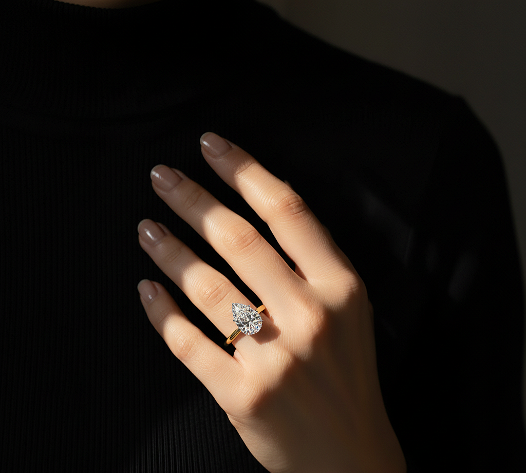 Angled view of pear cut diamond solitaire ring with polished finish