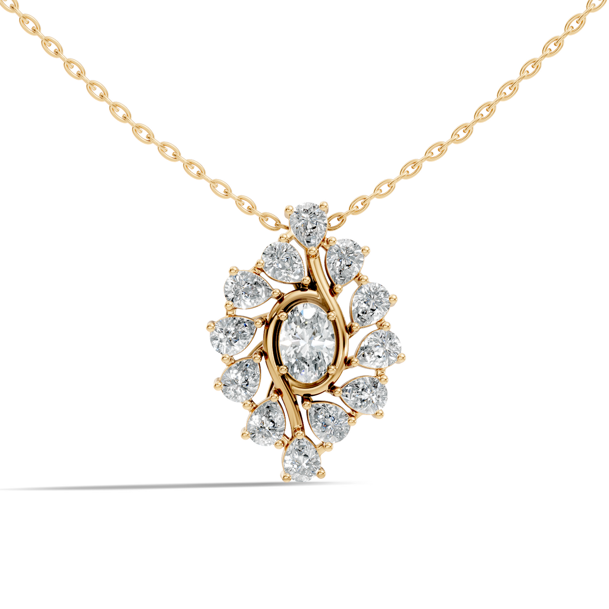 Oval Lab-Grown Diamond Floral Halo Pendant 14K White Gold Necklace With Pear Elegence - HIGHCARAT DIAMONDS