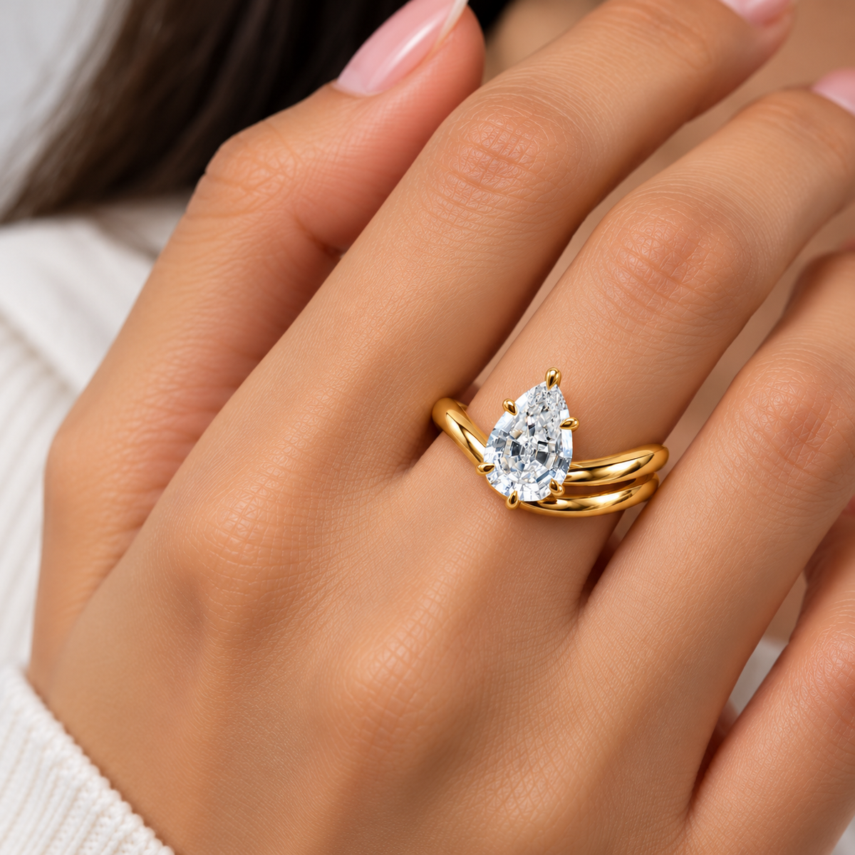 Solitaire Yellow Gold Pear Step Cut Lab Grown Diamond Ring