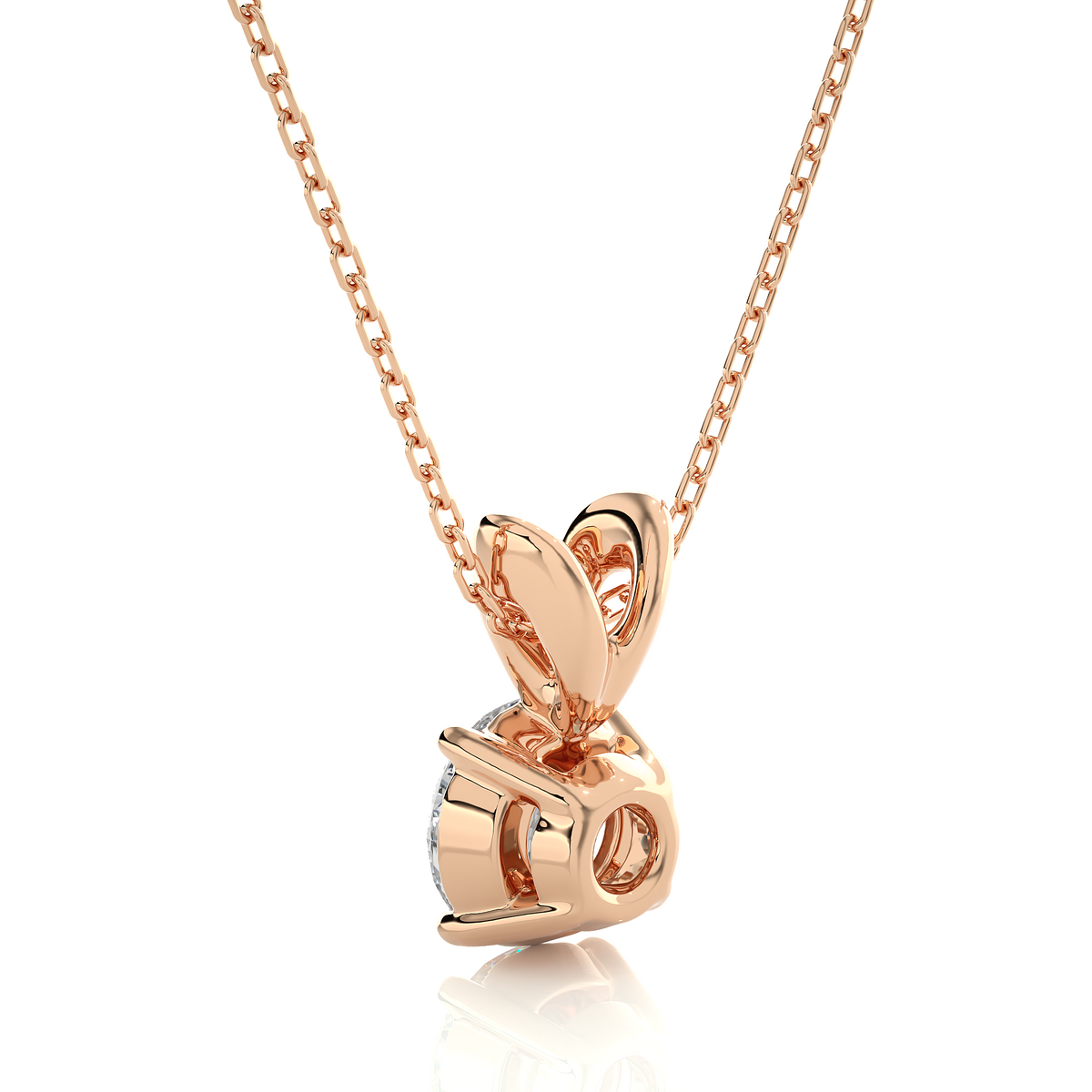 Close up of round cut lab diamond pendant with polished prong setting