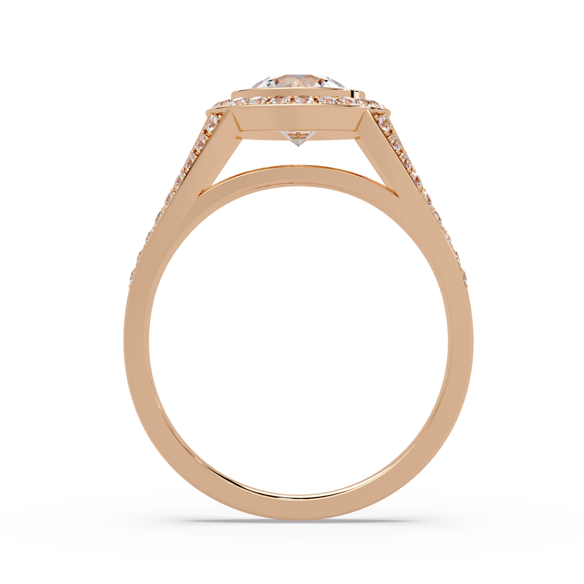 Round Lab Grown Diamond Bezel Halo Split Shank Ring - HIGHCARAT DIAMONDS