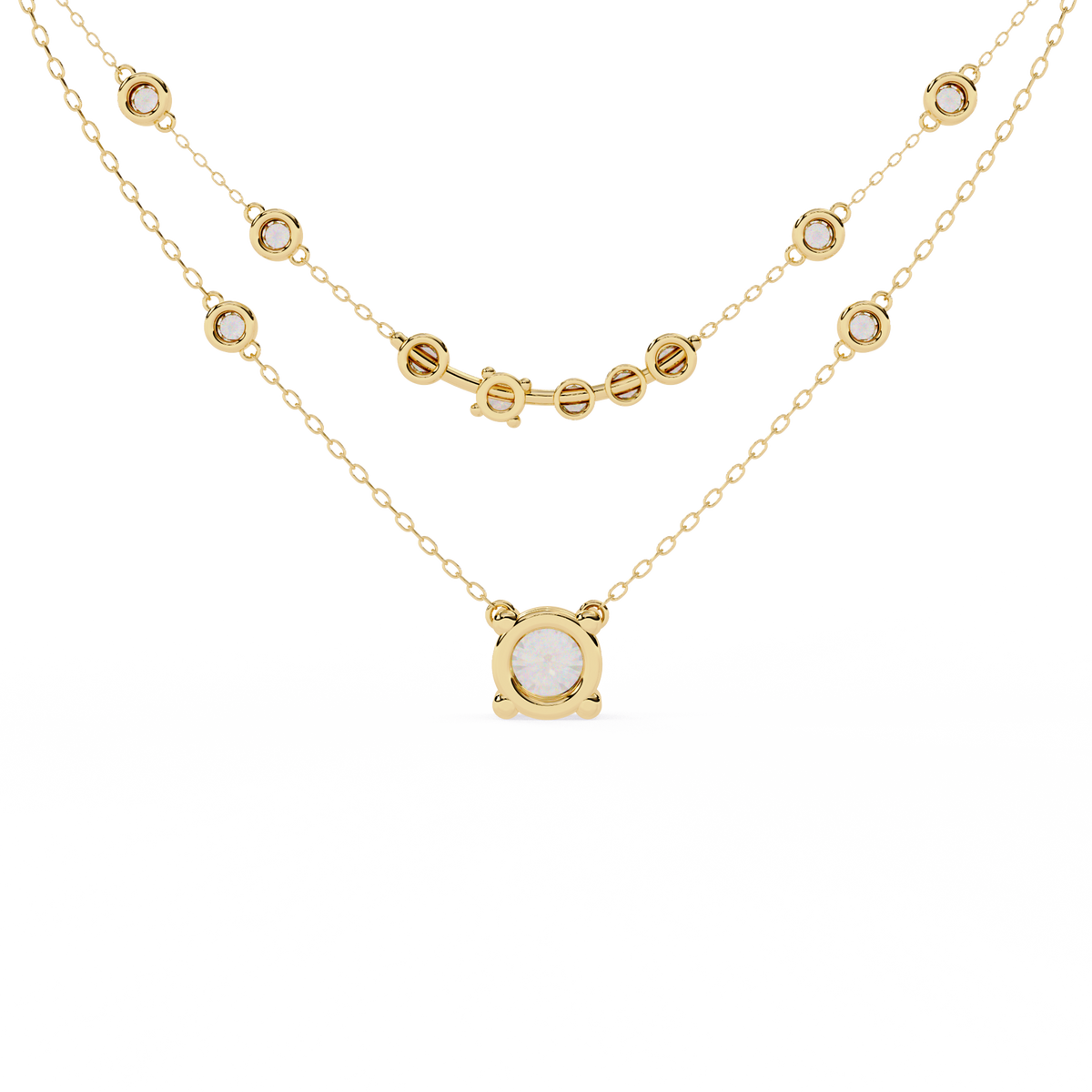 Contemporary double strand necklace with round bezel diamonds