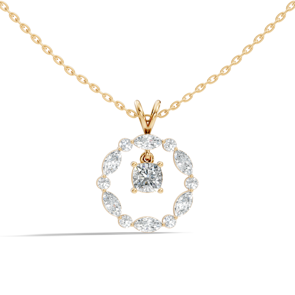 Round Lab-Grown Diamond Circle Pendant For Her Cushion & Marquise Design In 14K Gold - HIGHCARAT DIAMONDS