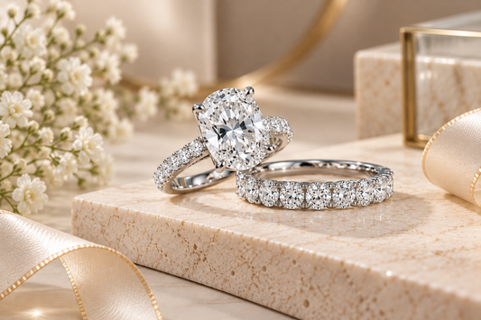 Oval cut Lab grown diamond accented wedding band set