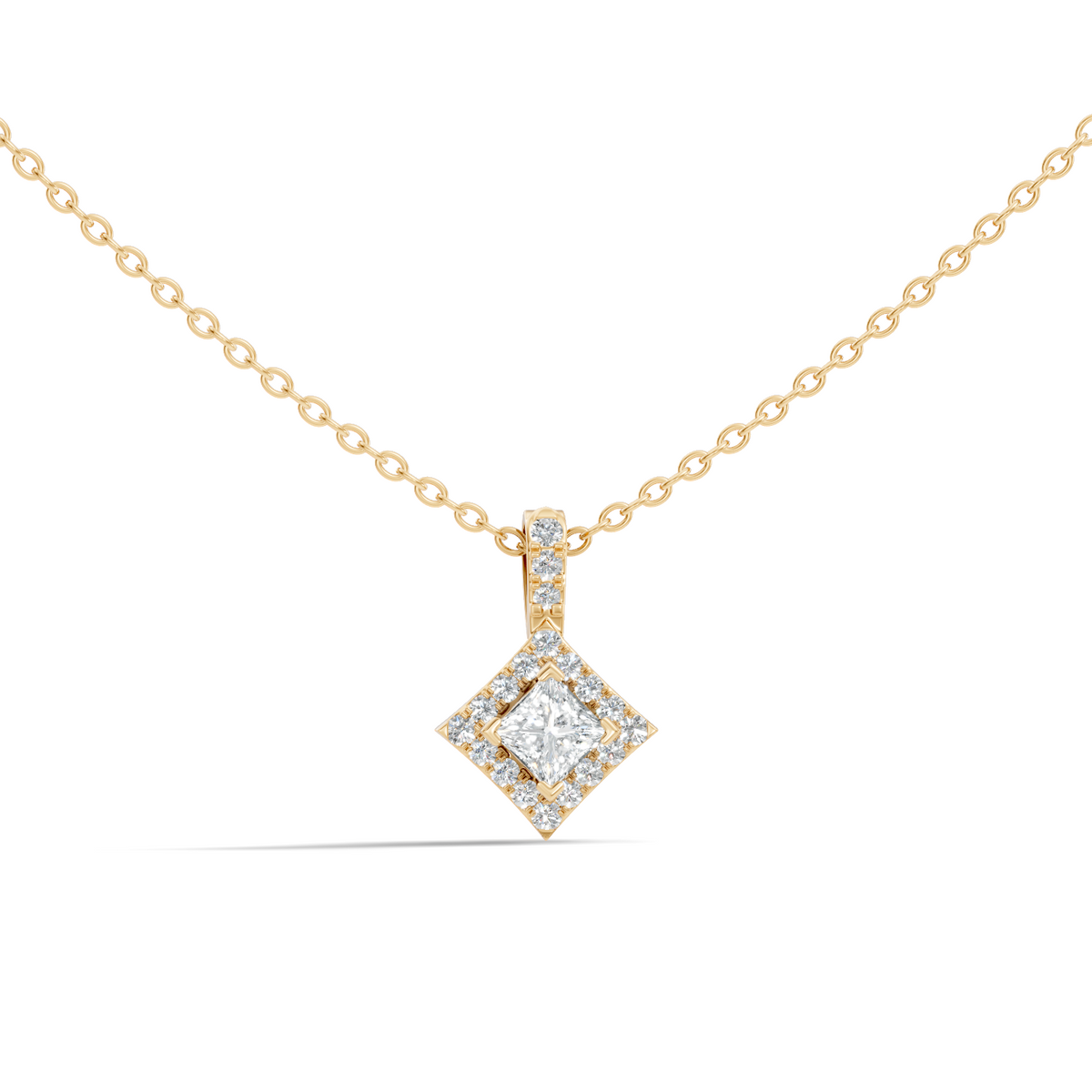 0.61 Carat Princess Cut Diamond Halo Pendant in 14K Yellow Gold for Her - HIGHCARAT DIAMONDS