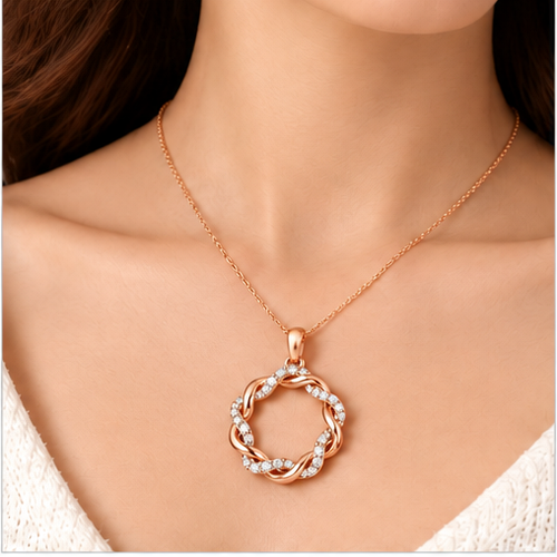 Round Cut Lab Grown Diamond Twisted Open Circle Pendant With Chain