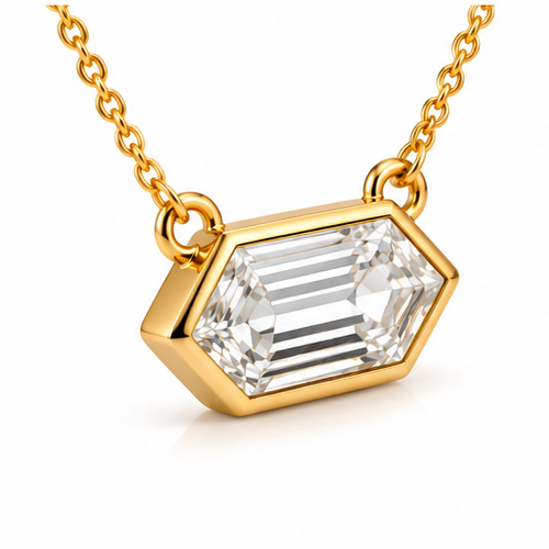 Hexagon Step Cut Lab Grown Diamond Bezel Set Pendant With Chain