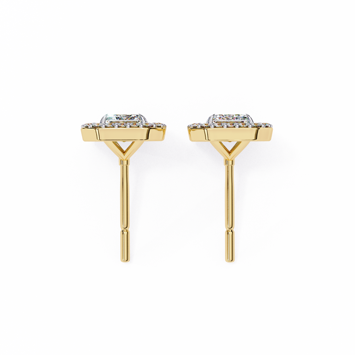 Emerald and Round Cut Diamond Earrings Side Profile Showing Setting