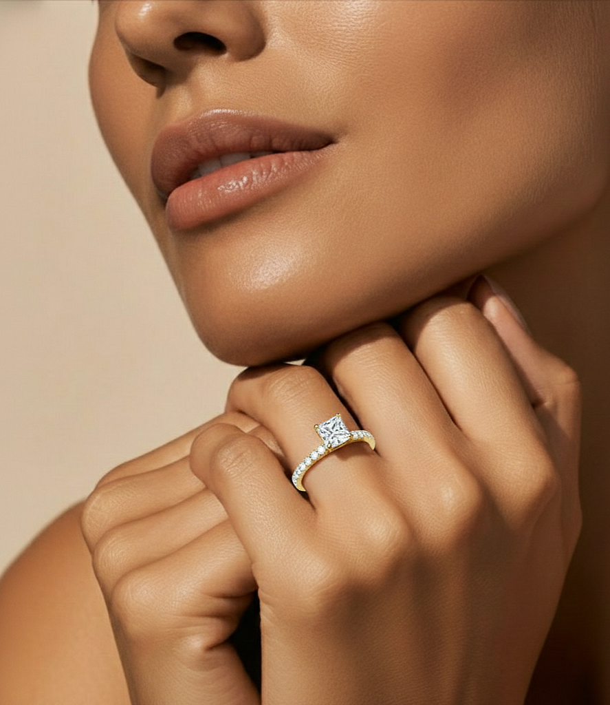 1.01 CT Princess Cut Lab Grown  Diamond 14k Solid Gold With Pave and Side Stone Women Diamond Ring - HIGHCARAT DIAMONDS #wearthelook