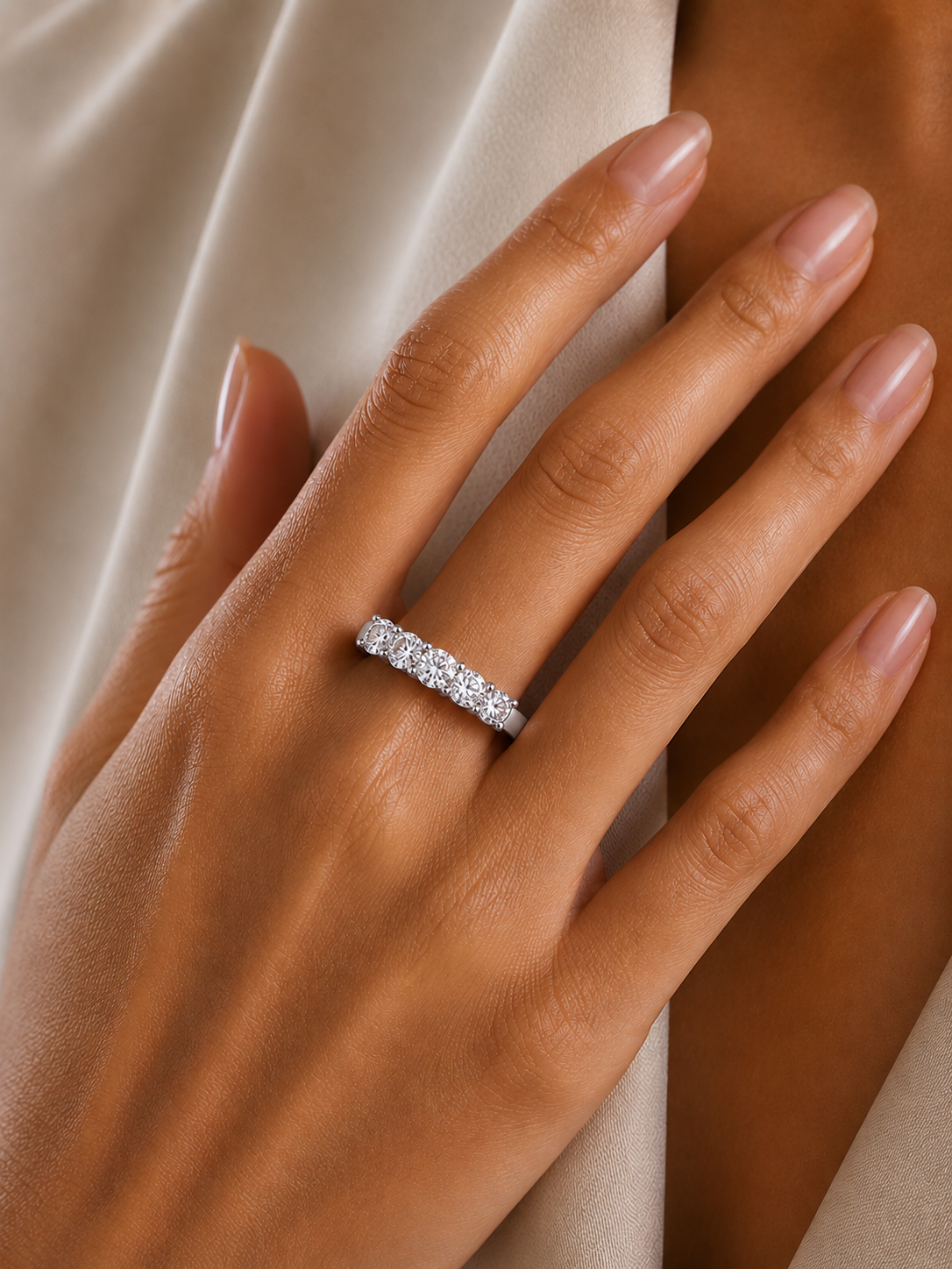 1.03Ct Round Cut Top Grade Diamond Art Deco Delicate Cluster Unisex Handmade Dainty 5 Stone Wedding Band  For Women's - HIGHCARAT DIAMONDS