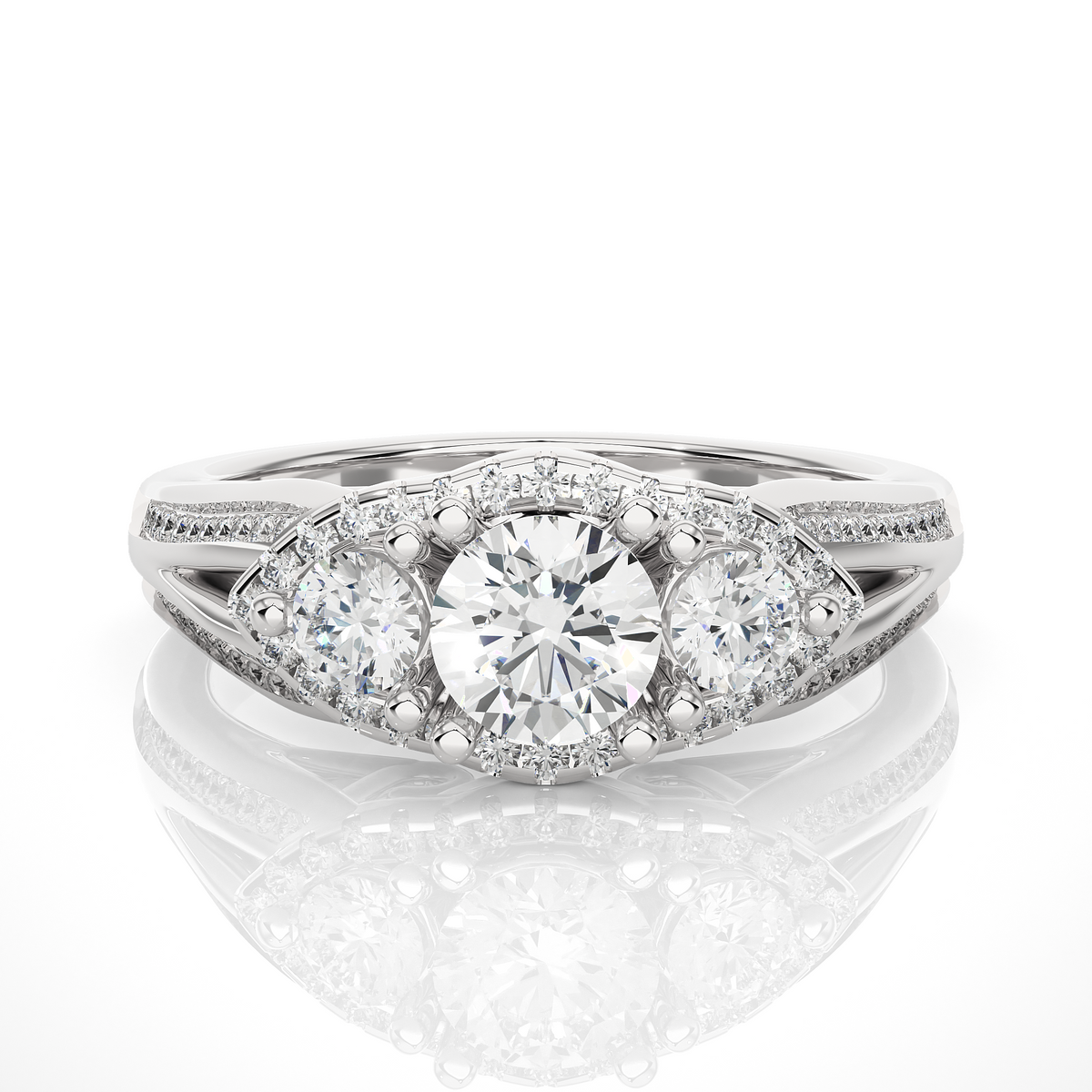 1.13 CT Round cut Three Stone Lab Grown Diamond And Also Side Stones  Accented  Engagement Ring - HIGHCARAT DIAMONDS