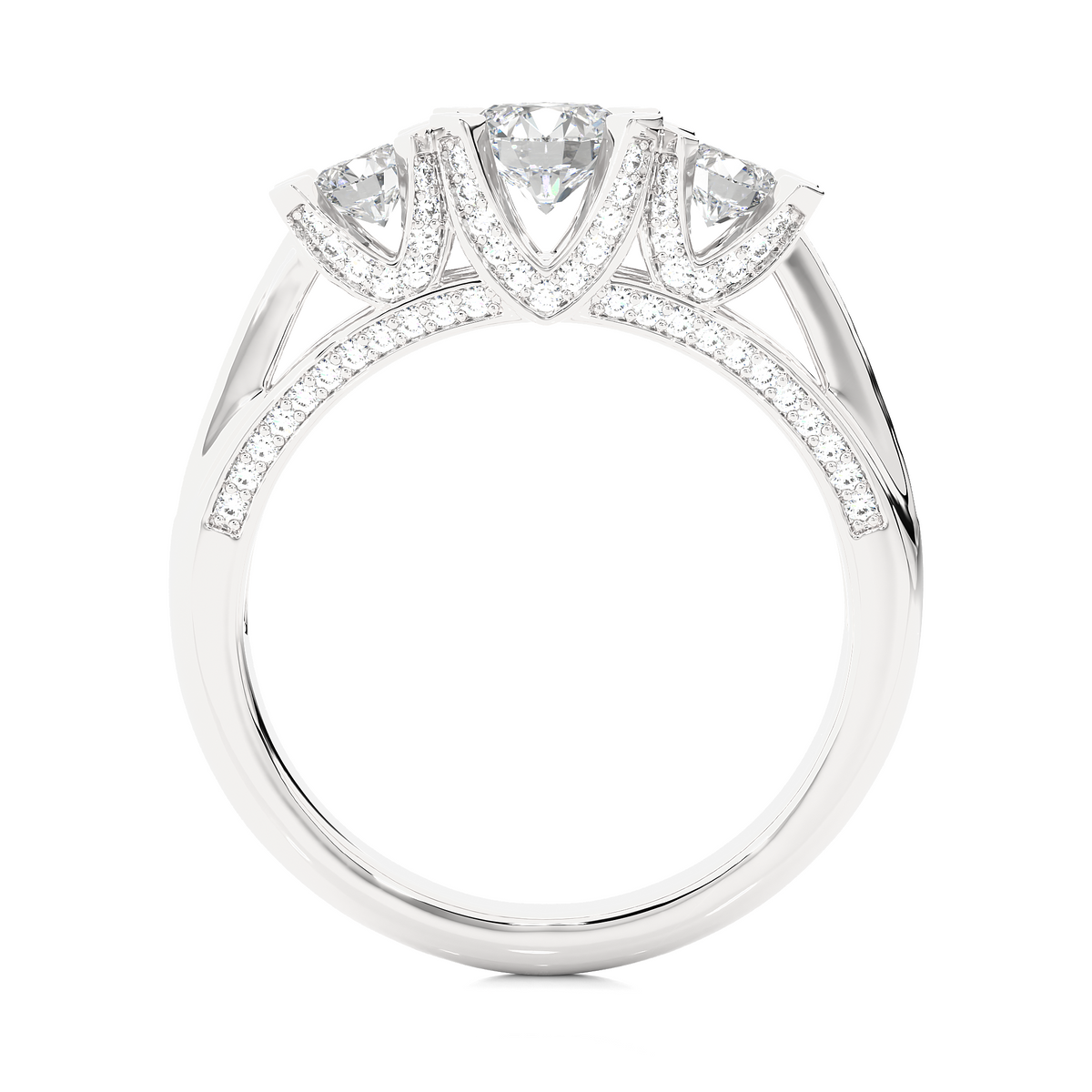 1.19 Ct Round Cut Lab grown Diamond Ring Three stone And Pave and Side Stone wedding Ring For Her - HIGHCARAT DIAMONDS