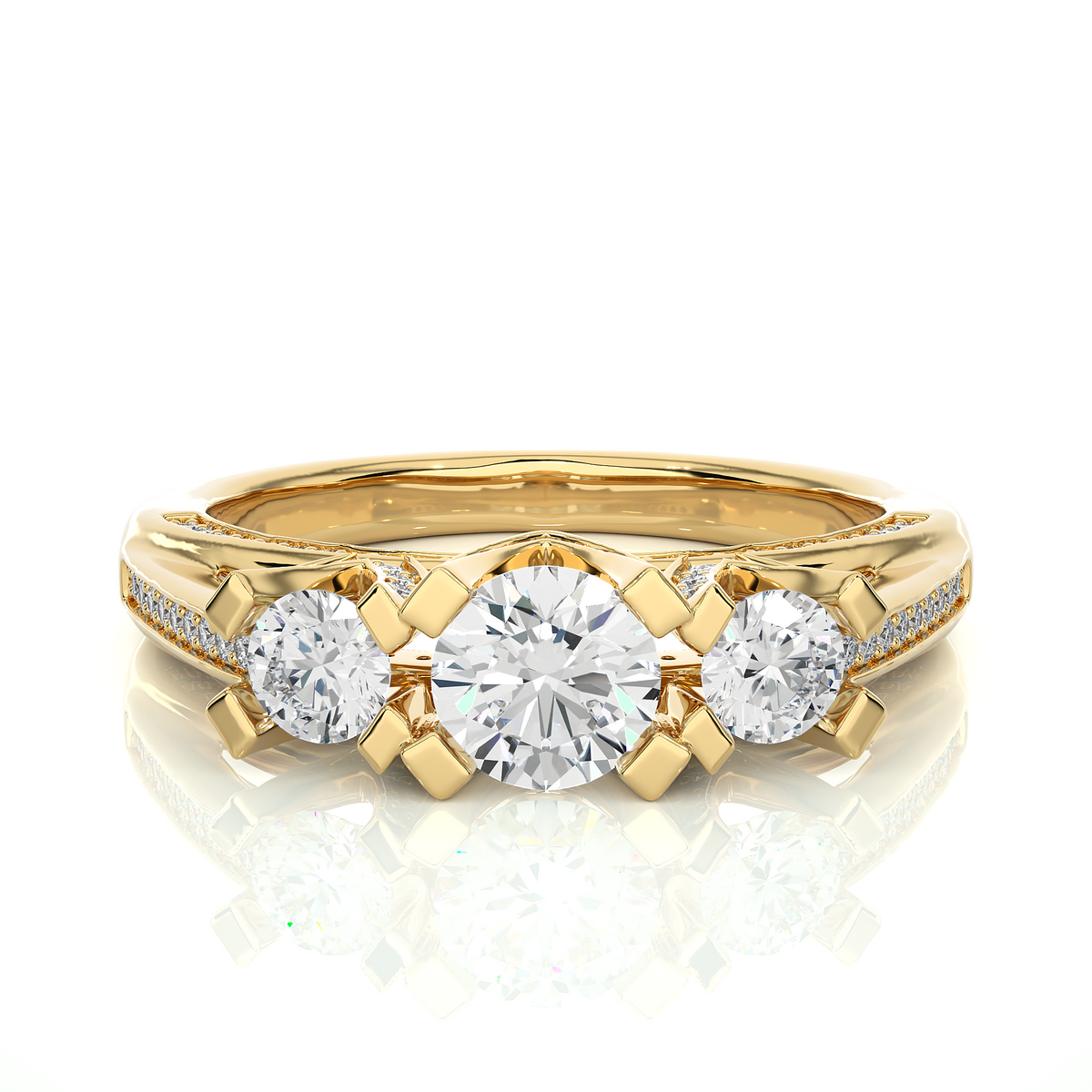 1.19 Ct Round Cut Lab grown Diamond Ring Three stone And Pave and Side Stone wedding Ring For Her - HIGHCARAT DIAMONDS