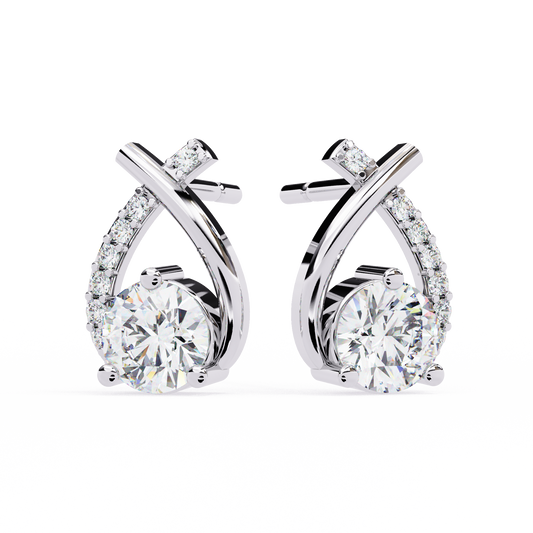 Pear and Round Cut Diamond Stud Earrings Close-Up Detail