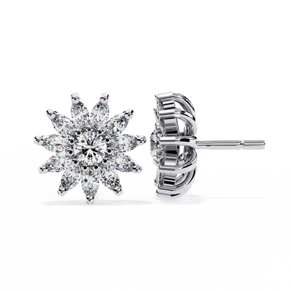 Marquise and Round Cut Diamond Flower Earrings Close-Up Detail
