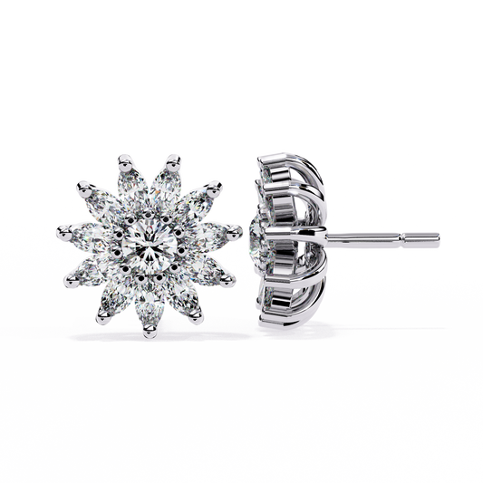 Marquise and Round Cut Diamond Flower Earrings Close-Up Detail
