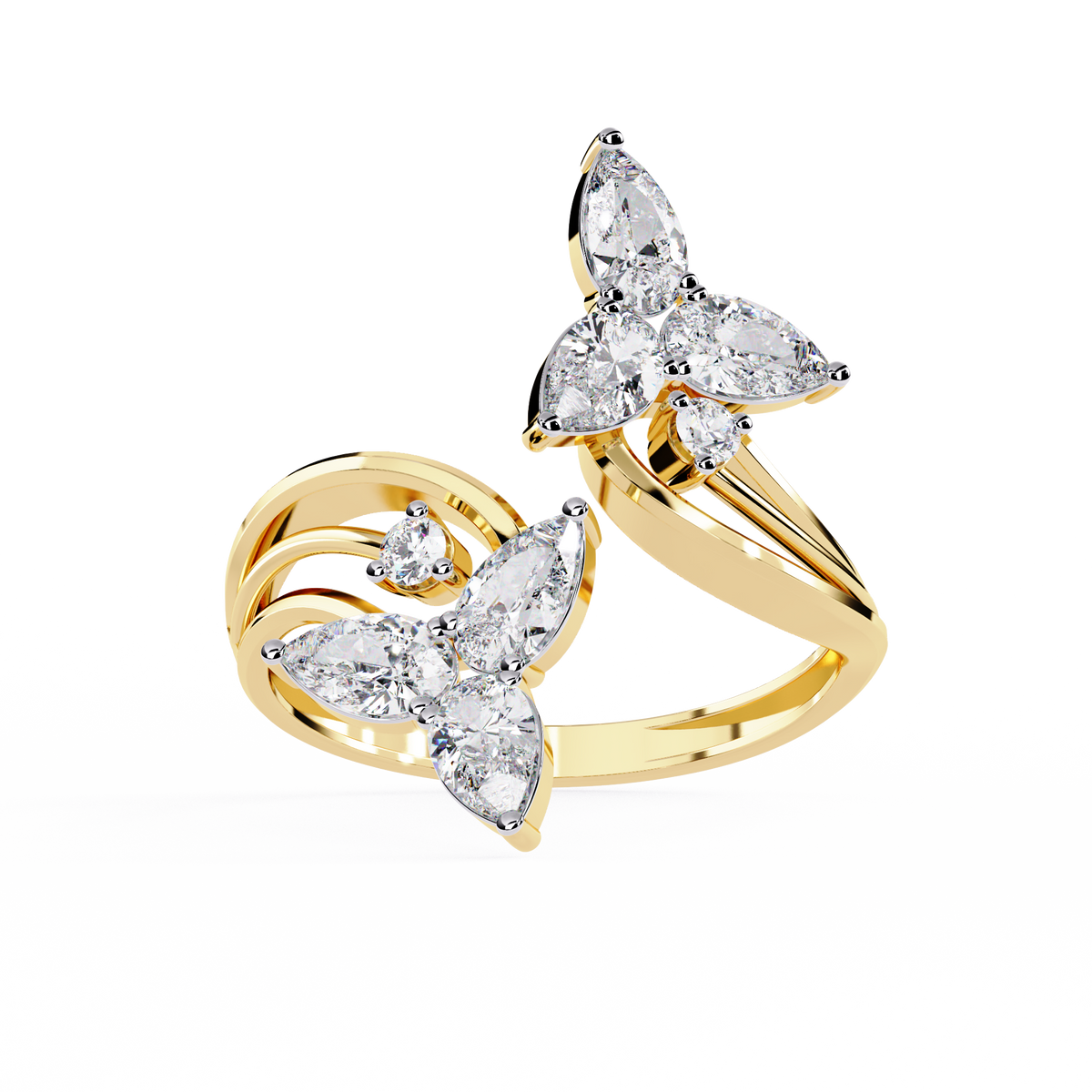 14k Yellow Gold Pear And Round Shape Elegant Antique Bypass Shank Vintage Natural Diamond Ring - HIGHCARAT DIAMONDS