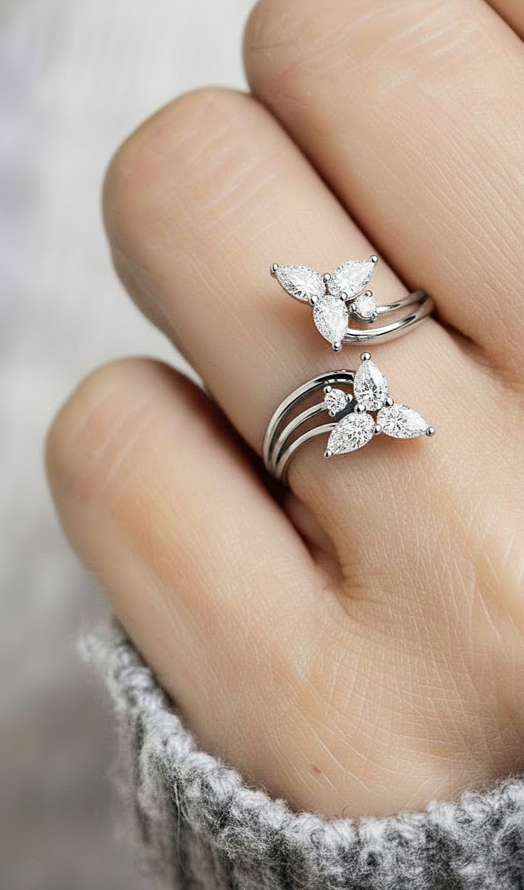 14k Yellow Gold Pear And Round Shape Elegant Antique Bypass Shank Vintage Natural Diamond Ring - HIGHCARAT DIAMONDS