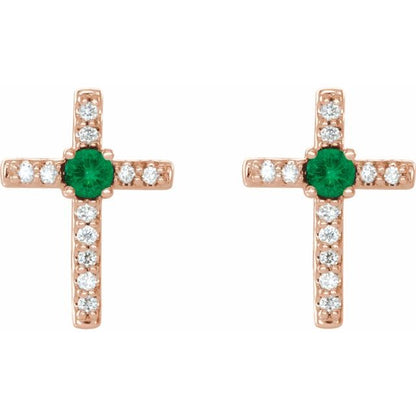14k-rose-lab-grown-emerald-&-.05-ctw-natural-diamond-cross-earrings