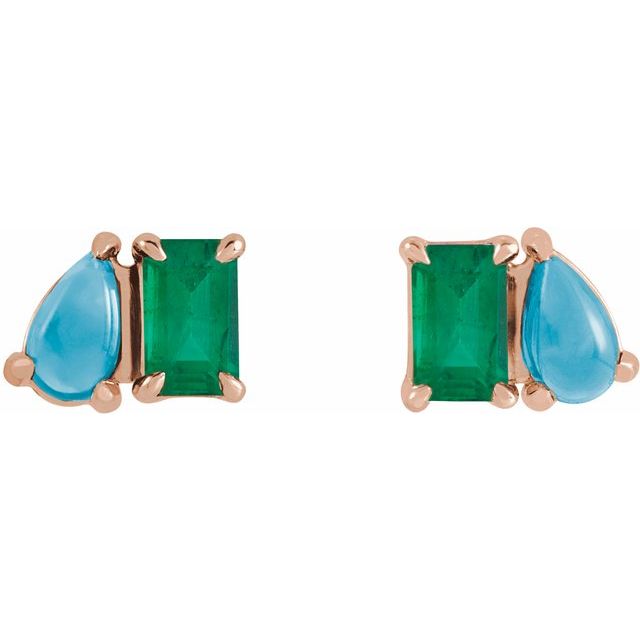 14k-rose-lab-grown-emerald-&-natural-turquoise-two-stone-stud-earrings