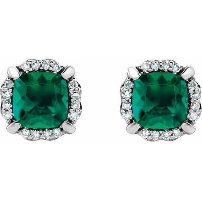14k-white-lab-grown-emerald-&-1/10-ctw-natural-diamond-earrings
