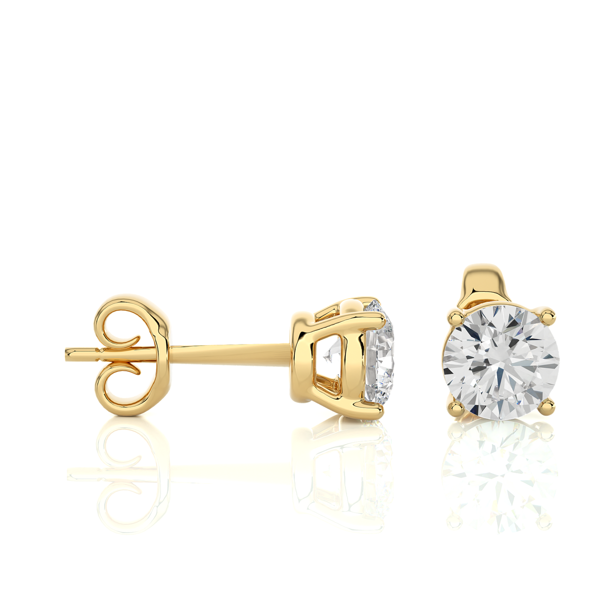 14K Yellow Gold Round Diamond Earrings Side Angle View