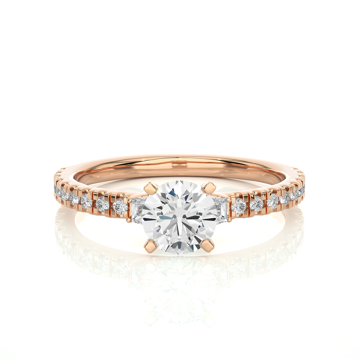 14k Solid Rose Gold Round Cut Lab Grown and Baguette Diamond, Three stone Engagement Proposal Anniversary Ring - HIGHCARAT DIAMONDS