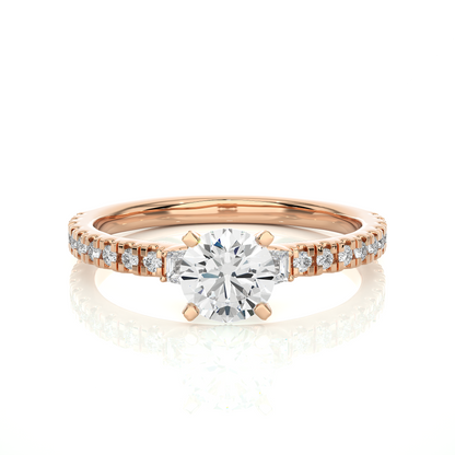 14k Solid Rose Gold Round Cut Lab Grown and Baguette Diamond, Three stone Engagement Proposal Anniversary Ring - HIGHCARAT DIAMONDS