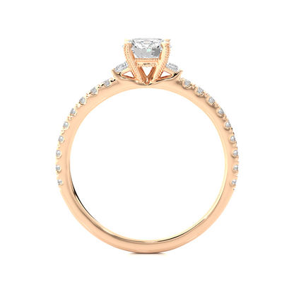14k Solid Rose Gold Round Cut Lab Grown and Baguette Diamond, Three stone Engagement Proposal Anniversary Ring - HIGHCARAT DIAMONDS