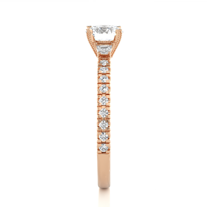 14k Solid Rose Gold Round Cut Lab Grown and Baguette Diamond, Three stone Engagement Proposal Anniversary Ring - HIGHCARAT DIAMONDS