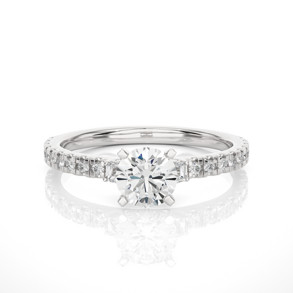 14k Solid Rose Gold Round Cut Lab Grown and Baguette Diamond, Three stone Engagement Proposal Anniversary Ring - HIGHCARAT DIAMONDS