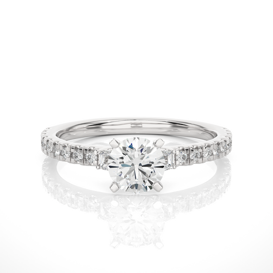 14k Solid Rose Gold Round Cut Lab Grown and Baguette Diamond, Three stone Engagement Proposal Anniversary Ring - HIGHCARAT DIAMONDS