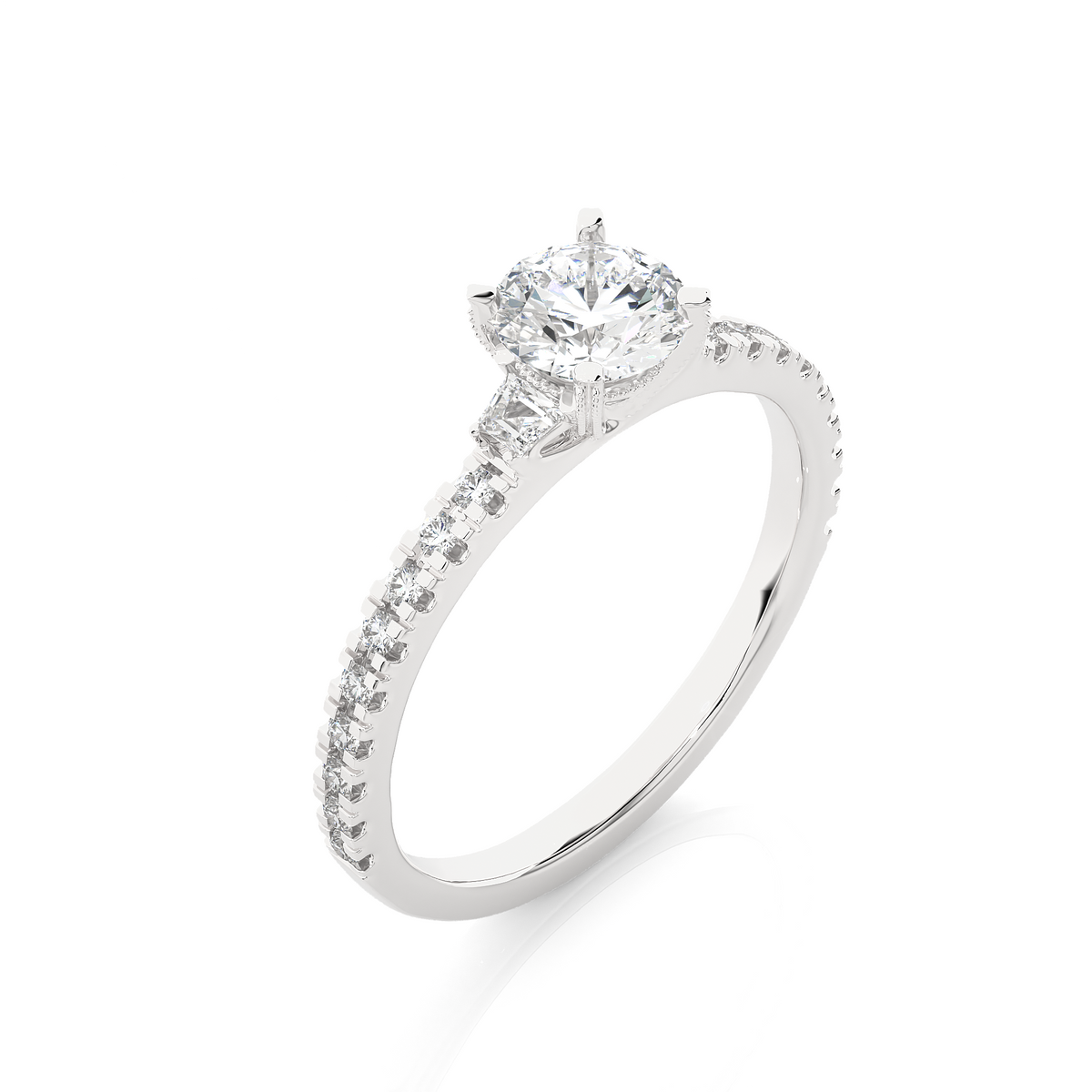 14k Solid Rose Gold Round Cut Lab Grown and Baguette Diamond, Three stone Engagement Proposal Anniversary Ring - HIGHCARAT DIAMONDS