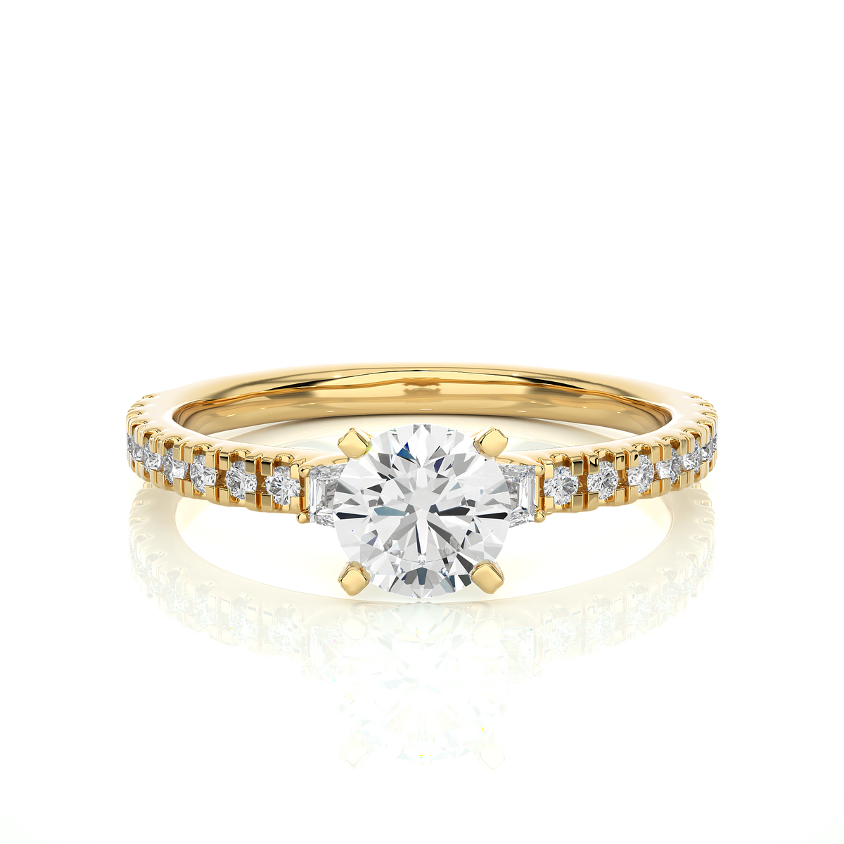14k Solid Rose Gold Round Cut Lab Grown and Baguette Diamond, Three stone Engagement Proposal Anniversary Ring - HIGHCARAT DIAMONDS