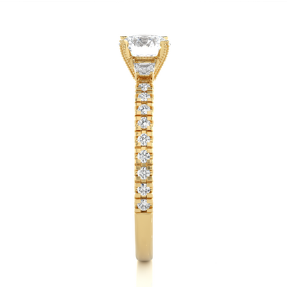 14k Solid Rose Gold Round Cut Lab Grown and Baguette Diamond, Three stone Engagement Proposal Anniversary Ring - HIGHCARAT DIAMONDS
