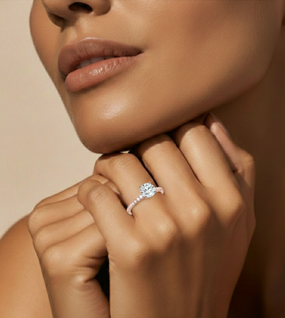 14k Solid Rose Gold Round Cut Lab Grown and Baguette Diamond, Three stone Engagement Proposal Anniversary Ring - HIGHCARAT DIAMONDS #wearthelook