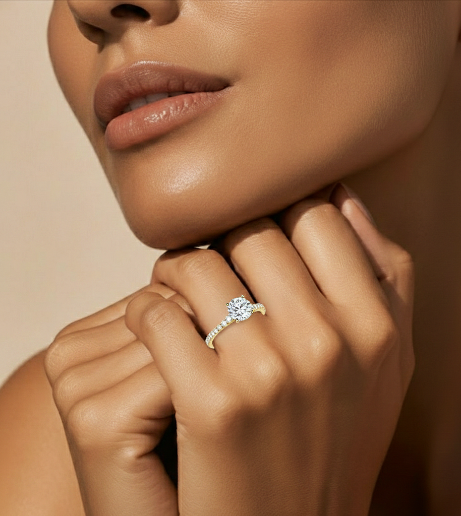 14k Solid Rose Gold Round Cut Lab Grown and Baguette Diamond, Three stone Engagement Proposal Anniversary Ring - HIGHCARAT DIAMONDS #wearthelook