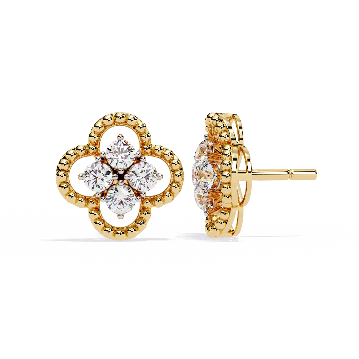 18k Solid Yellow Gold Round Cut Lab Grown & Natural Diamond Vintage Minimalist Screw Back Cluster Stud Earring - HIGHCARAT DIAMONDS