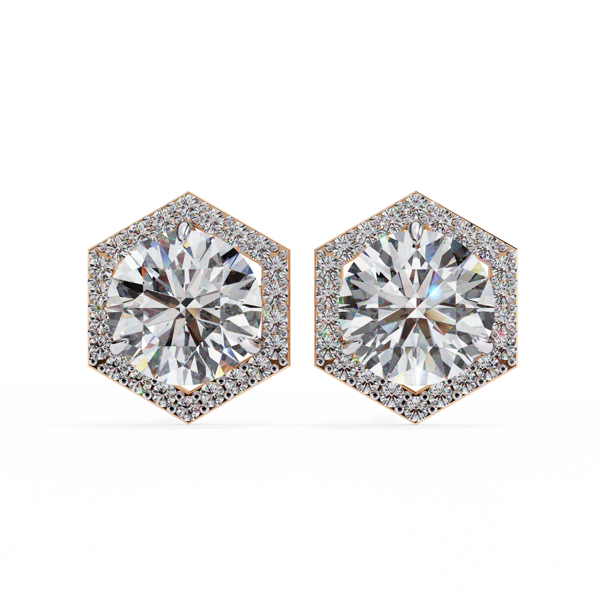 Prong Set Hexagon Shape 2.10Ct Round Cut Lab Grown Halo Style Cluster 14k Solid Yellow Gold Stud Bridesmaid  Earring For Women's - HIGHCARAT DIAMONDS