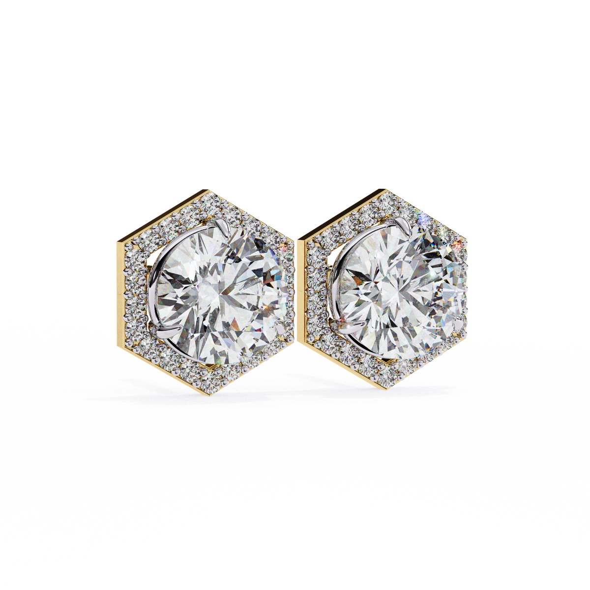Prong Set Hexagon Shape 2.10Ct Round Cut Lab Grown Halo Style Cluster 14k Solid Yellow Gold Stud Bridesmaid  Earring For Women's - HIGHCARAT DIAMONDS