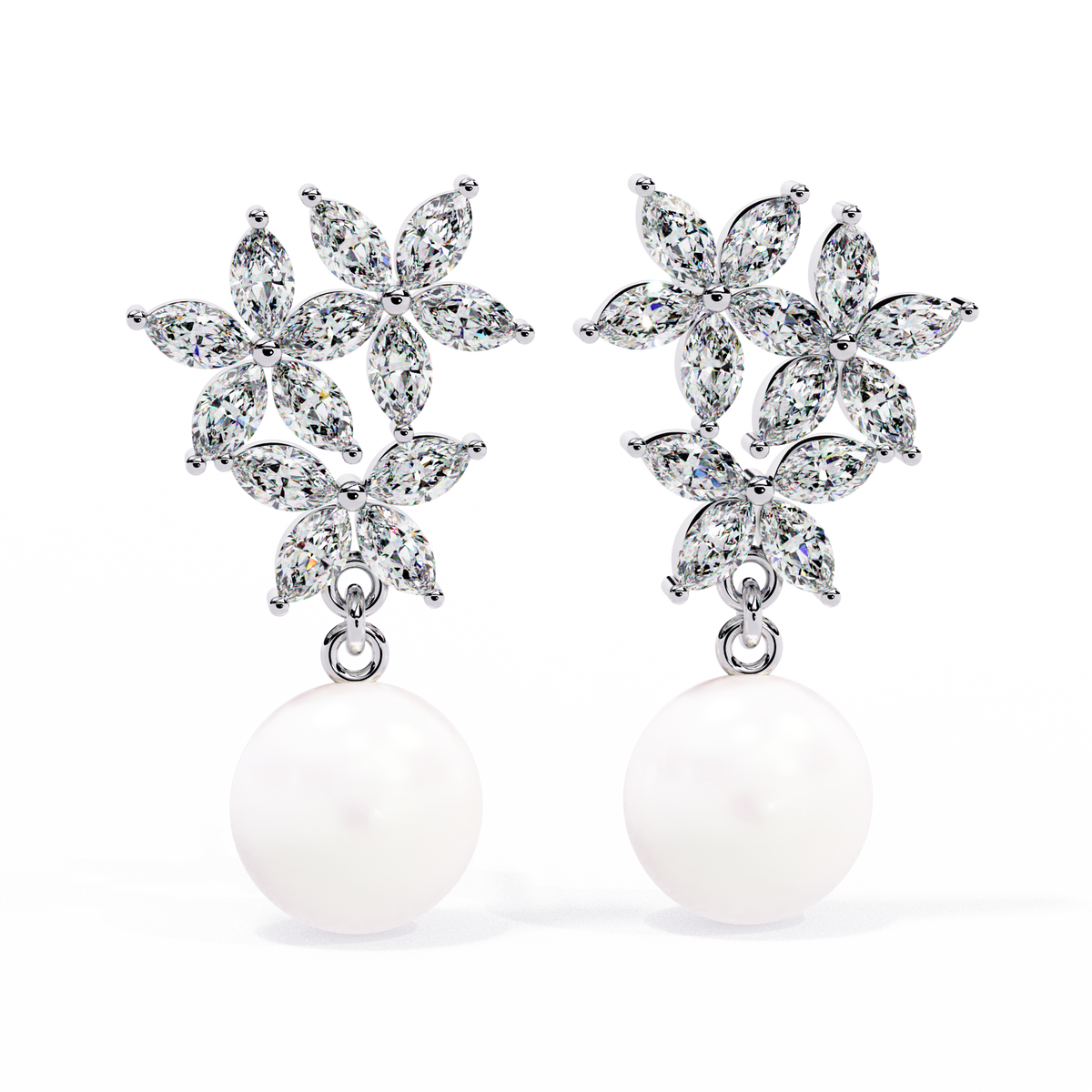 Marquise Cut Crystal Flower And Pearl 2.39Ct Diamond Stacking Prong Set Vintage Drop Earring For Gift - HIGHCARAT DIAMONDS
