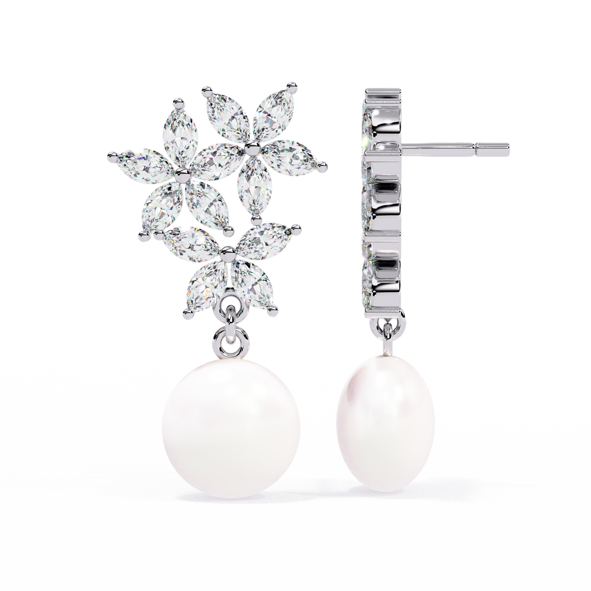 Marquise Cut Crystal Flower And Pearl 2.39Ct Diamond Stacking Prong Set Vintage Drop Earring For Gift - HIGHCARAT DIAMONDS