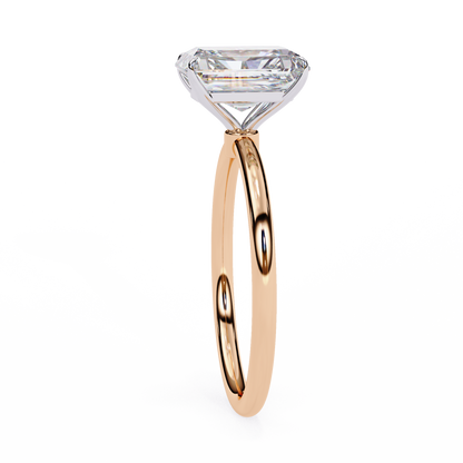 Angled view of radiant cut diamond ring with Art Deco design