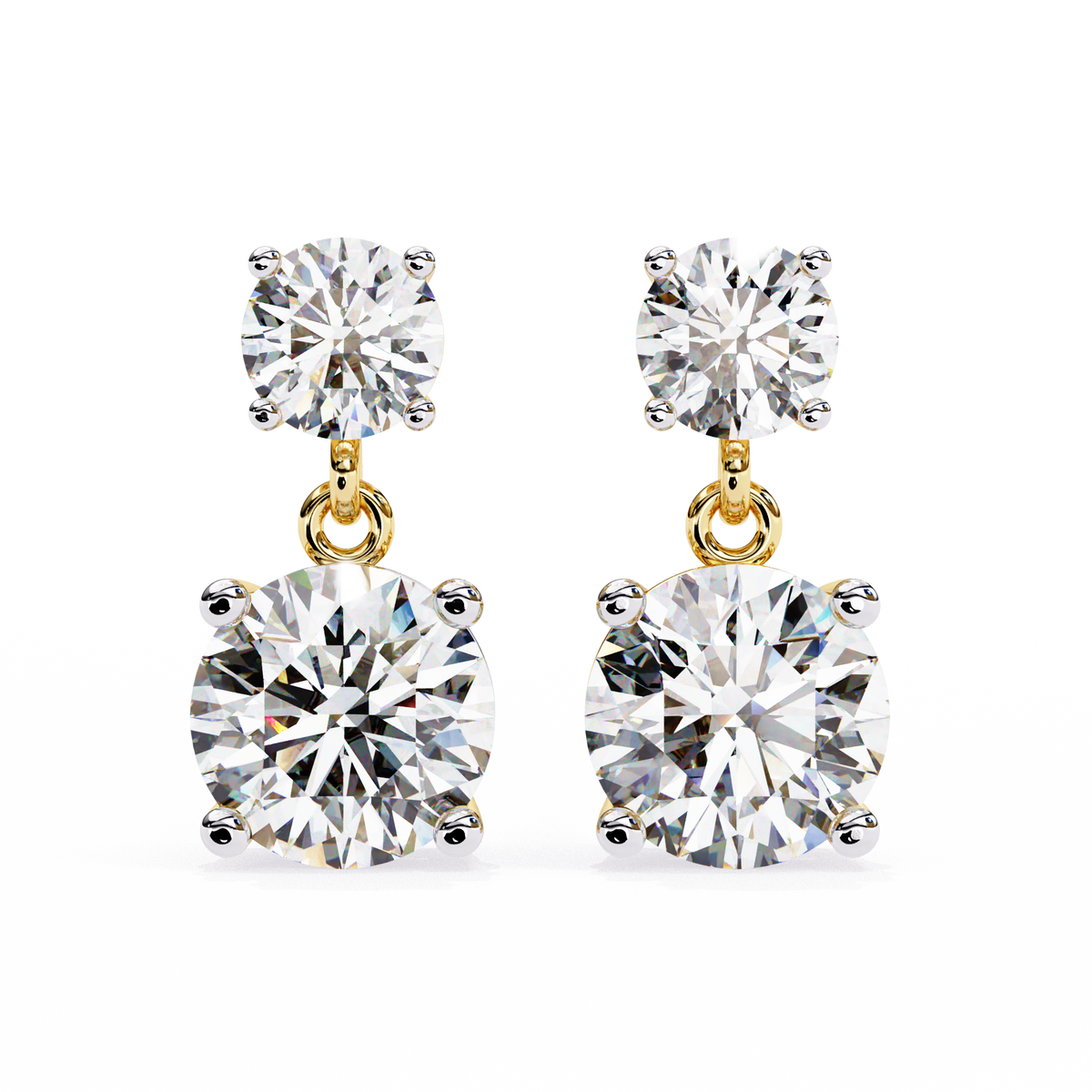 Front view of round cut lab diamond drop earrings in white gold
