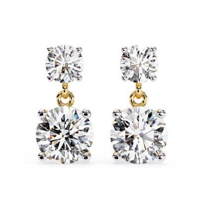 Front view of round cut lab diamond drop earrings in white gold